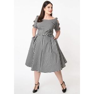 Unique Vintage 1960s Black White Gingham Selma Swing Dress Plus Size 3X 20 Retro